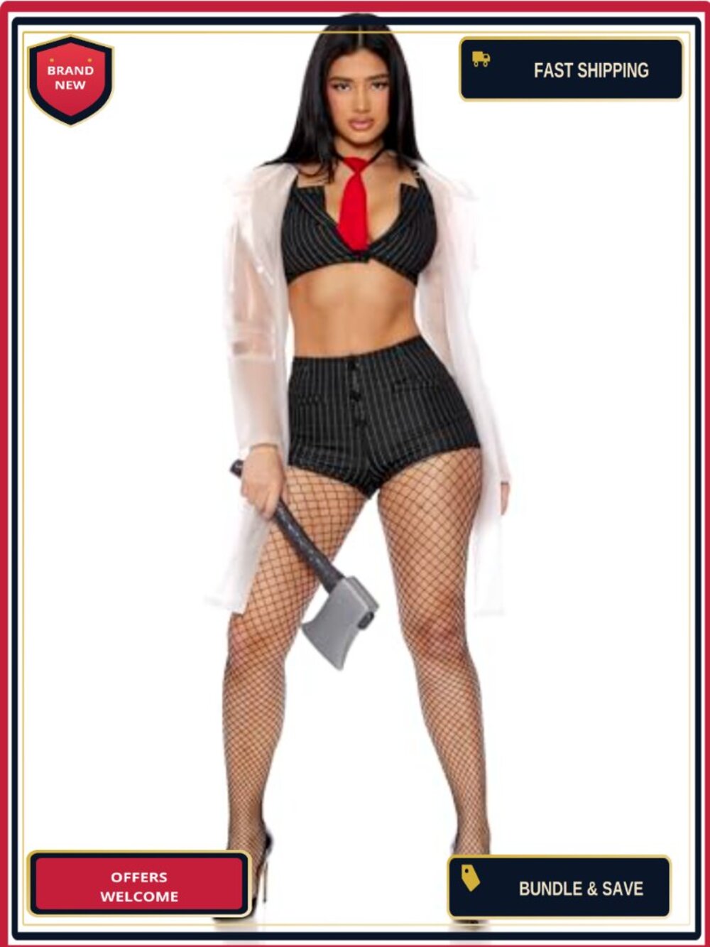 Movie Character Costume Set Top Shorts Raincoat Necktie Axe Button Closure